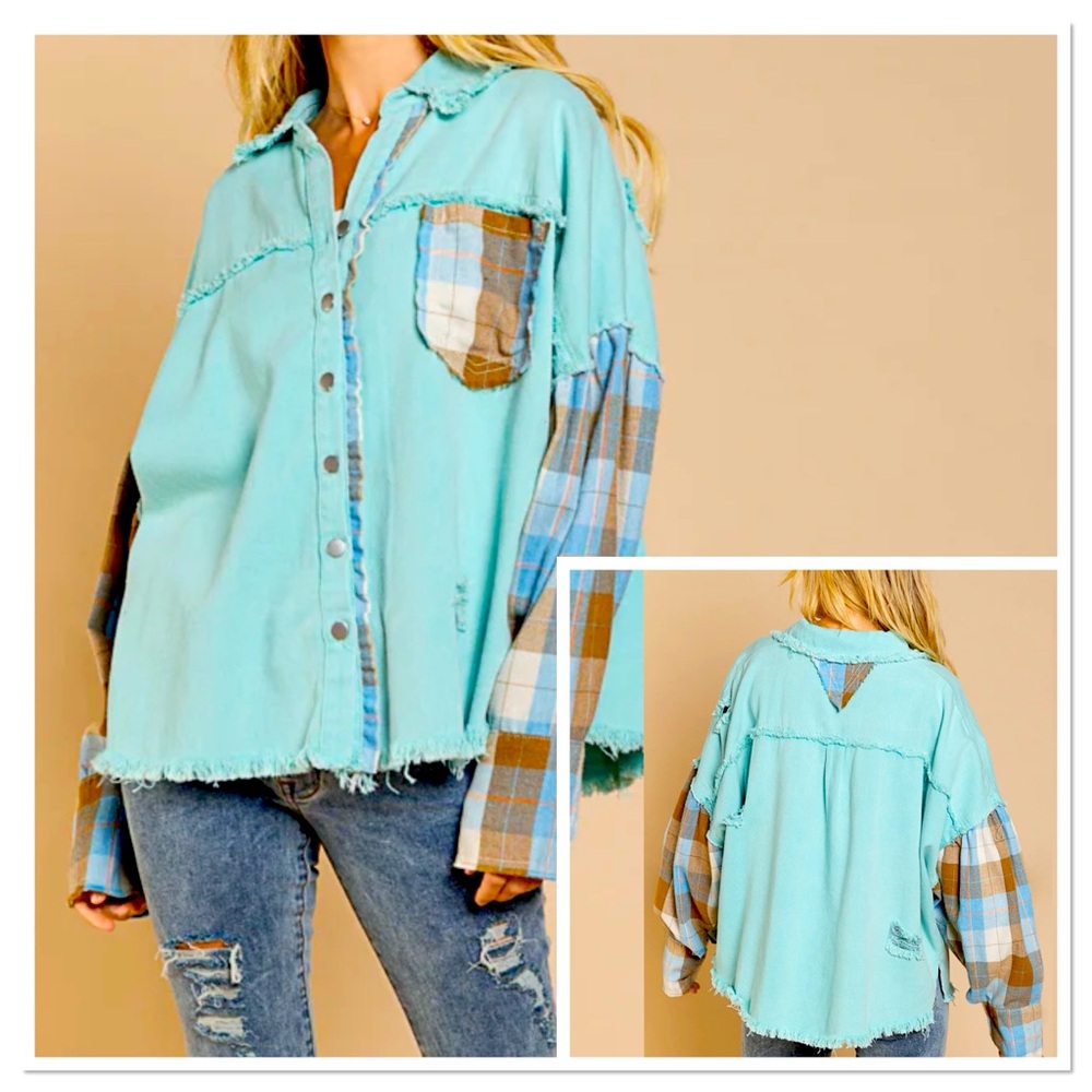SOLD DO NOT BUY POL Distressed Shacket/Jacket in Blue Lemonade Multi Colorations